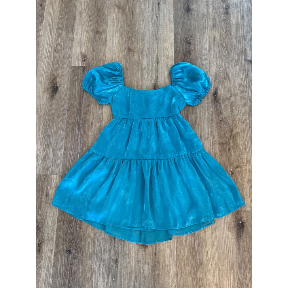 Crystal Sky Y2K Festival Babydoll‎ Mini Dress Med Turquoise Shimmer Puff Sleeve